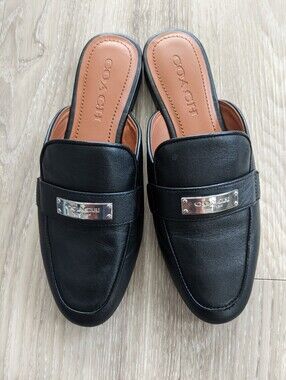 COACH Women's Black Leather Slip-On Mules